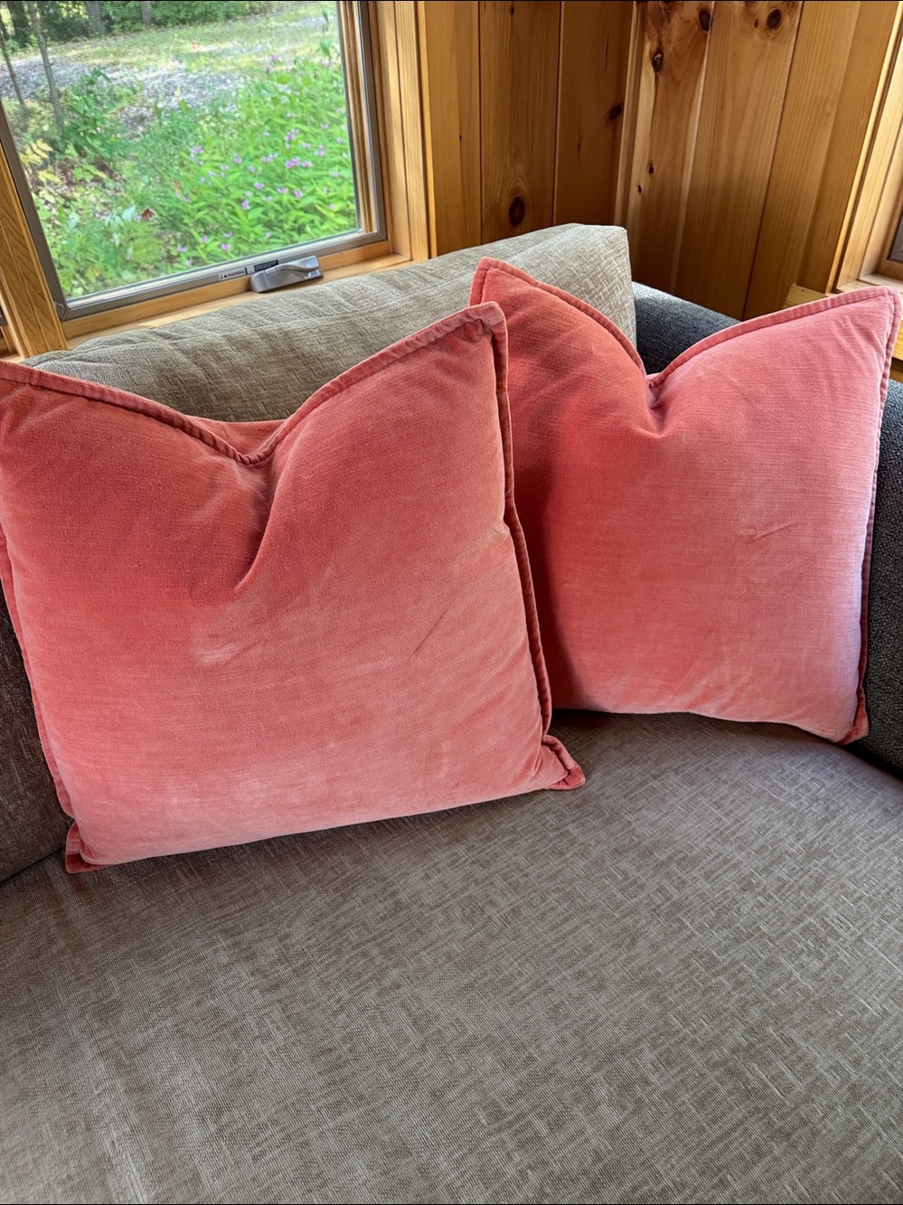 Pottery Barn Coral Velvet Square Throw Pillow set of 2 20x20"